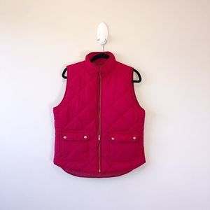 J.Crew Factory Puffer Vest Quilted Hibiscus Pink Snap Pockets Womens Size Medium